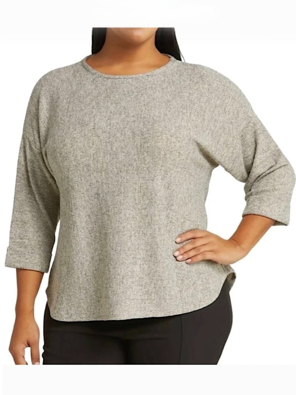 MAX STUDIO LONDON Beige 3/4 Sleeve Ribbed Boat Neck Pullover Knit Top